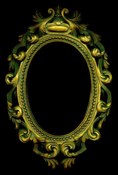 An Ornate, Grungy Gold Mirror (frame) On A Black Background.