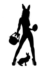 silhouette of sexy woman dressed as bunny on white