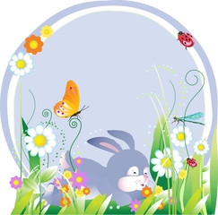 Easter illustration with floral elements and rabbit
