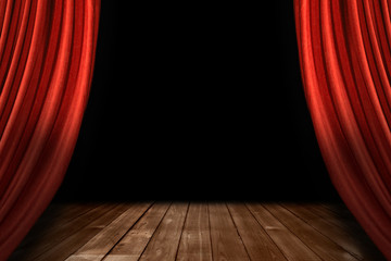 Red Theater Stage Drapes With Wooden Floor