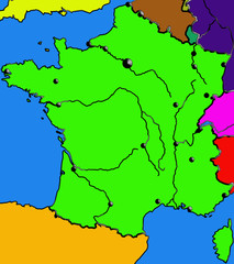 carte de France, mers, villes, fleuves, frontières...en couleurs
