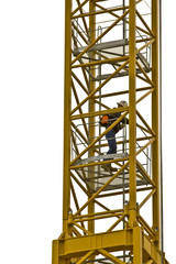 Fototapeta na wymiar Man Climbing Construction Crane on White