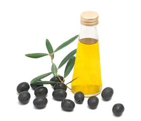 Bottle of olive oil and olive branch isolated on white backgroun