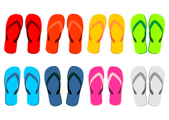 Different colorful flip-flops over white background