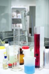 Laboratory stuff, glass cylinder, colorful liquids