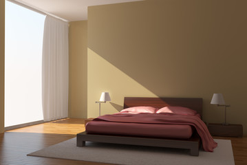 modern bedroom with yellow walls
