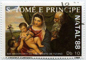 Sao Tome e principe. Tiziano. 1988. Vierge à l'enfant.