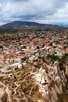 Small town and rocky ruins panorama