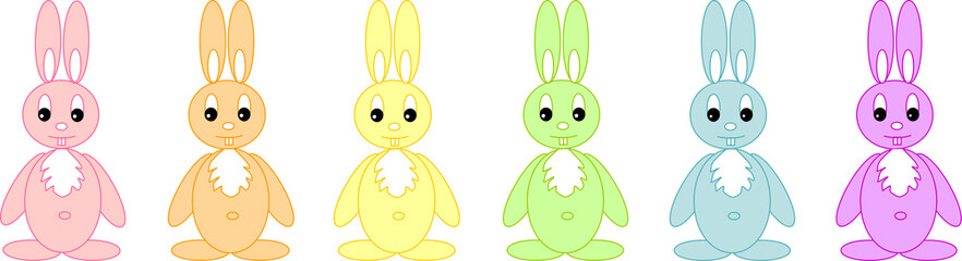 sechs hellbunte (Oster-) Hasen in einer Reihe