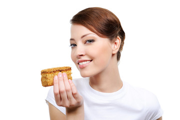 woman with appetizing cake