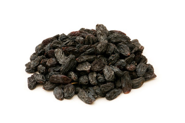 Black raisins isolated on the white background