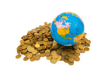 Globe and coins isolated on the white background
