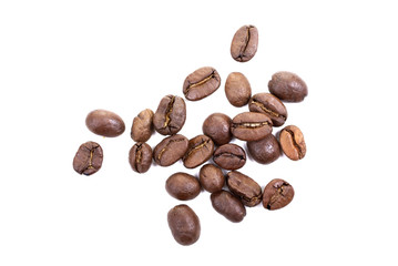 Brown roasted coffee beans isolated on white background.