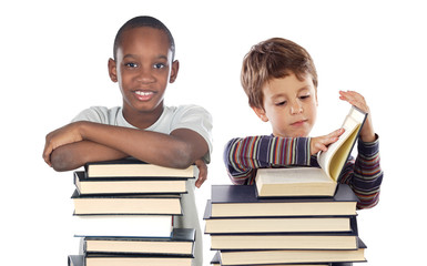 Adorable child with many books