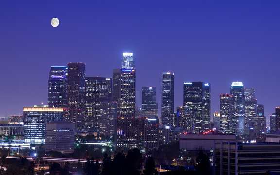Los Angeles skyline under the moonlight