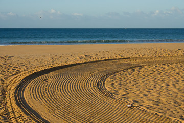 Naklejka premium furrow of a tractor on the ocean shore