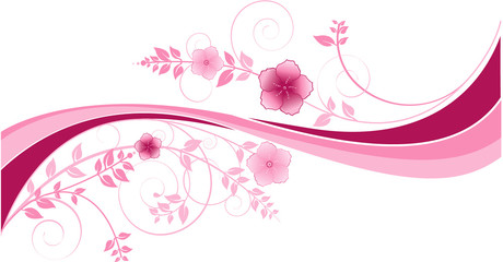 Vector illustration, background with pink waves and flowers