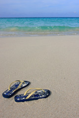 Fototapeta na wymiar A pair of sandals on a tropical sandy beach
