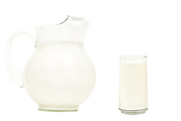 Glass pitcher of milk with drinking glass isolated on white
