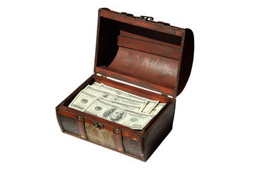 dollars in old chest, isolated on white background