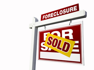 Red Sold Foreclosure Real Estate Sign on White