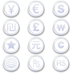 International currency icons on glass orb vector button set