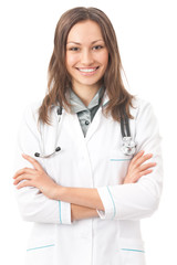 Fototapeta premium Happy female doctor or nurse with stethoscope, isolated