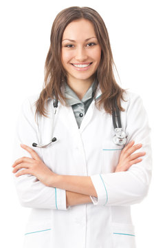Happy female doctor or nurse with stethoscope, isolated