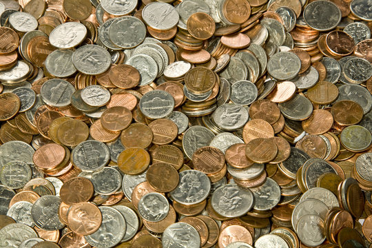 Pile Of Loose American Coins Useful As A Background.