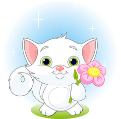 White kitten holding flower. Vector illustration