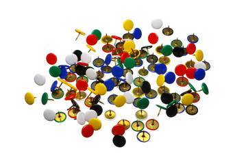 close up of various pushpins on white background