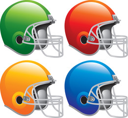Multiple colored football helmets
