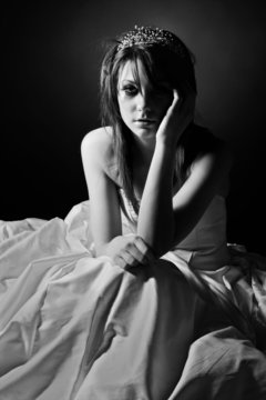 Black and White Image of a Sad Teenage Bride
