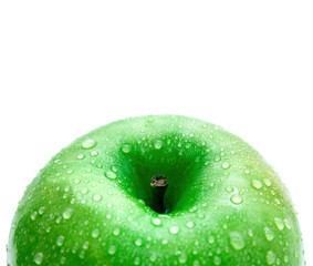 Wet green apple isolated with space for text
