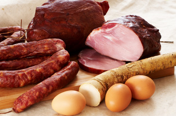 Different meat products with eggs