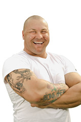 Laughing man with tattoo