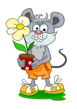 Funny little mouse with flowerpot