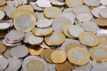 Coins of Poland with 1 euro, as financial background