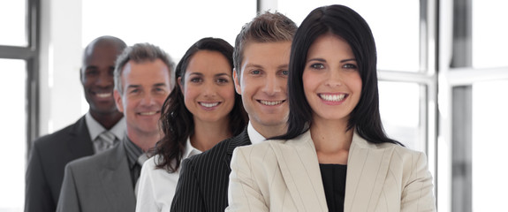 Confident Female Business leader with business team