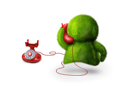 Cute Green Character Calling Someone By Vintage Phone