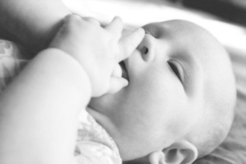 close up bw baby portrait