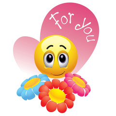 Smiling ball giving flowers to you