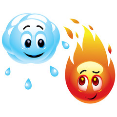 Smiling balls representing raining cloud and fire