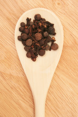 Spices in the wooden spoon.