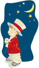 Cartoon retro romantic boy, costume, hat and flower. Vector