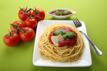 Italian pasta with tomato sauce and parmesan and fork.