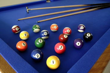 Pool balls and cues on table