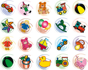 farbige pinselkleckse mit spielzeugen