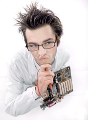 Mad technician repairing mainboard