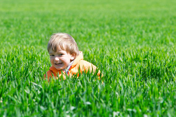happy boy in green grass